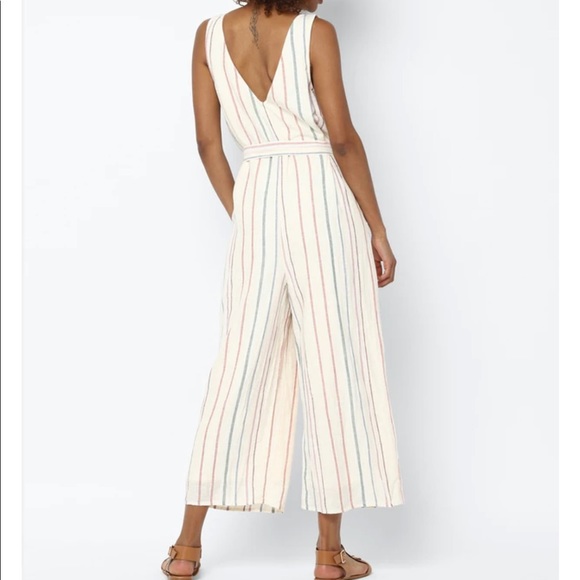 Cotton Linen Striped Sleeveless V Neck Wide Leg Jumpsuit - Picture 10 of 11